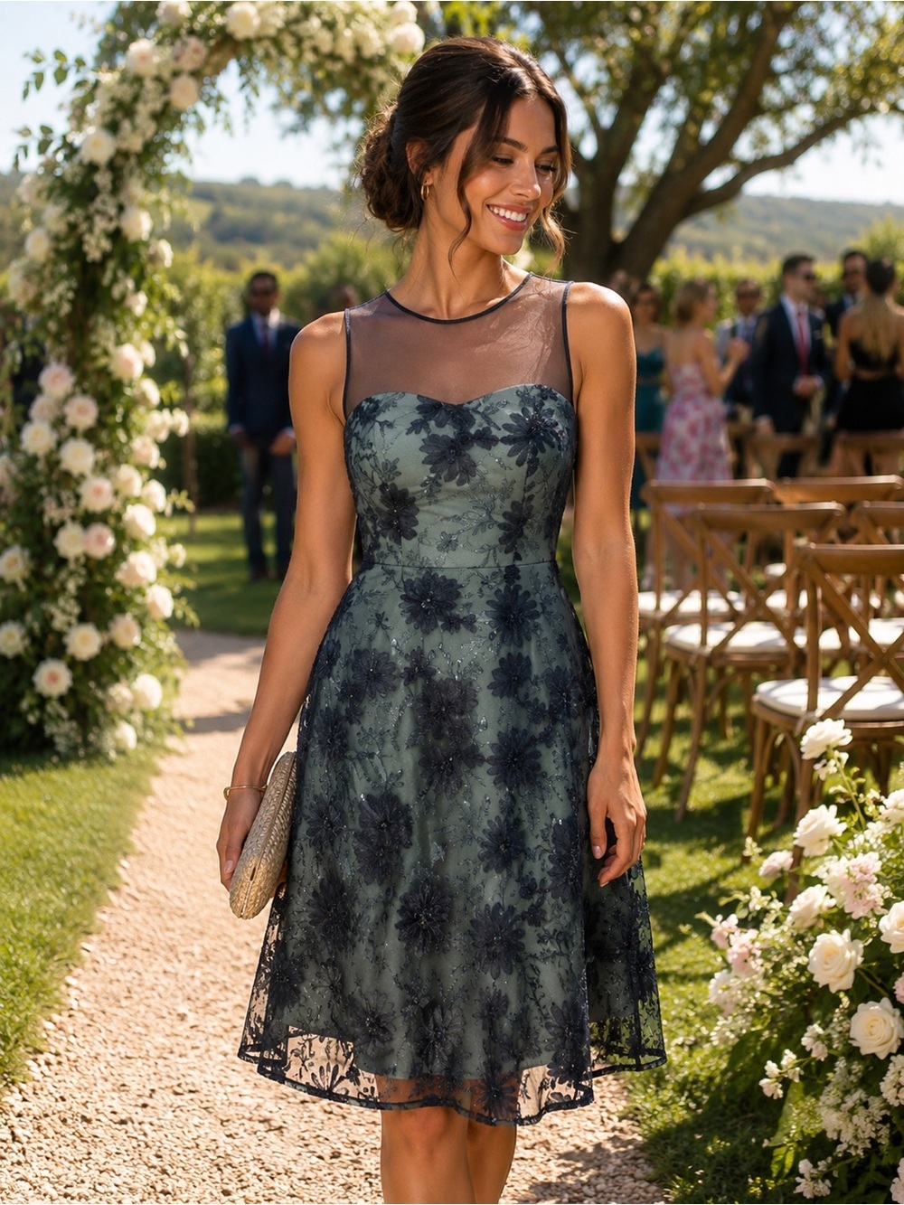 JS Collections Floral Sequin Midi Dress Mesh Overlay MSRP $230